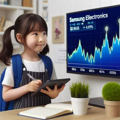 어린 소녀가 태블릿을 들고 삼성전자 주식 그래프를 보고 있는 모습