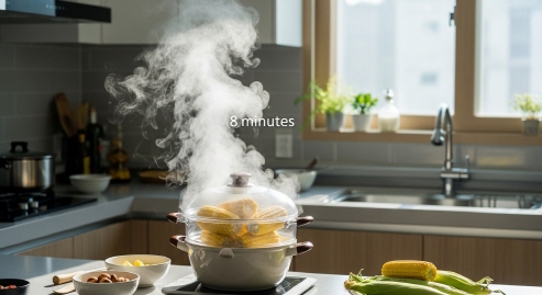 찜기에서 초당옥수수를 8분간 찌는 장면