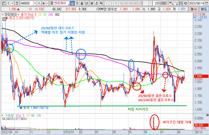 23.8.14 엔피케이 주가 일봉 차트 분석