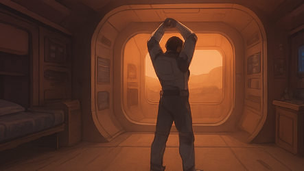 화성 기지 내에서 스트레칭하는 우주인