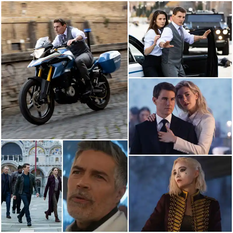 미션 임파서블 7에 출연하는 배우들이 등장하는 여러 장면들을 모아둔 이미지