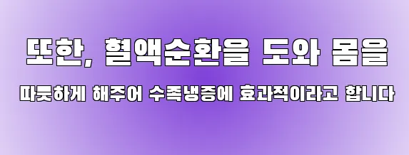  또한, 혈액순환을 도와 몸을 따듯하게 해주어 수족냉증에 효과적이라고 합니다