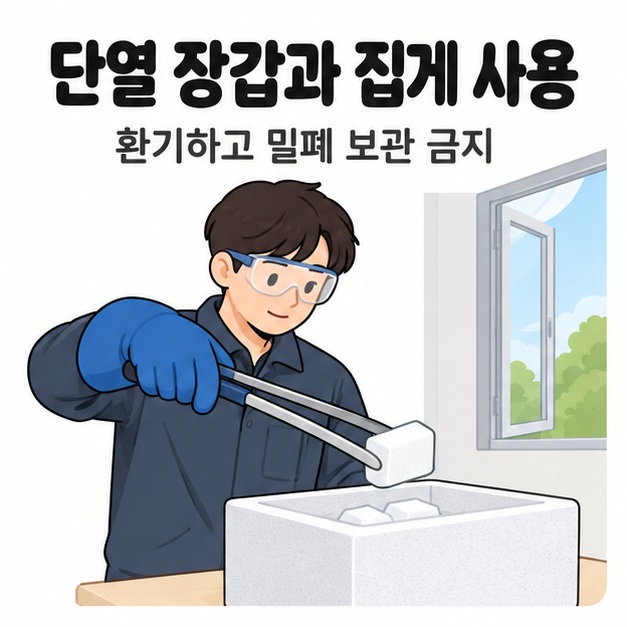열린 창문 옆에서 보호 안경과 두꺼운 장갑을 착용한 남성이 집게로 단열 용기 위의 드라이아이스를 다루는 그림