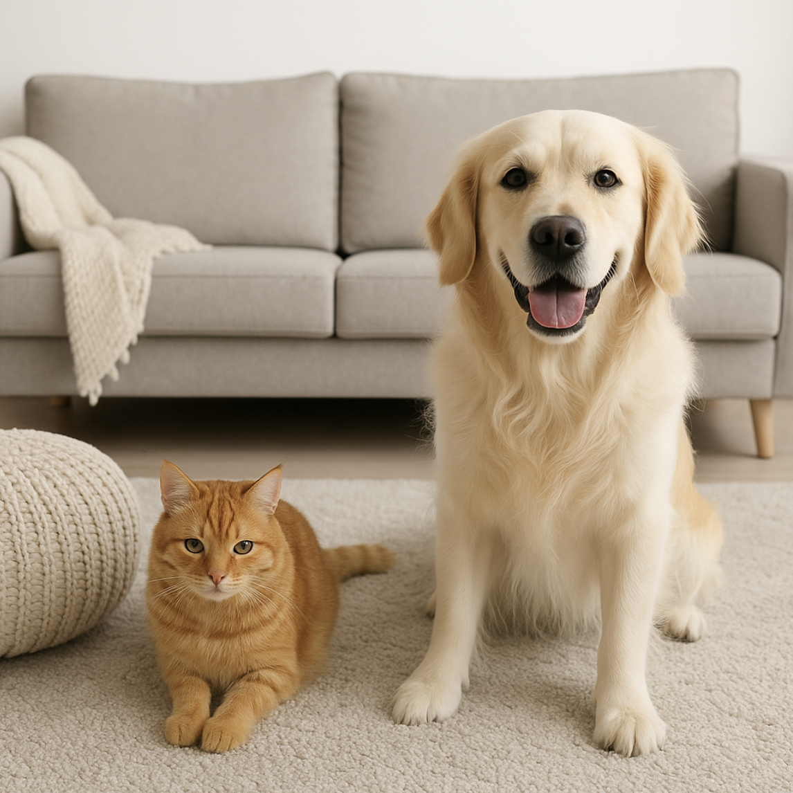 햇살이 드는 거실에서 골든리트리버와 오렌지색 고양이가 나란히 앉아 평화롭게 쉬고 있는 모습.