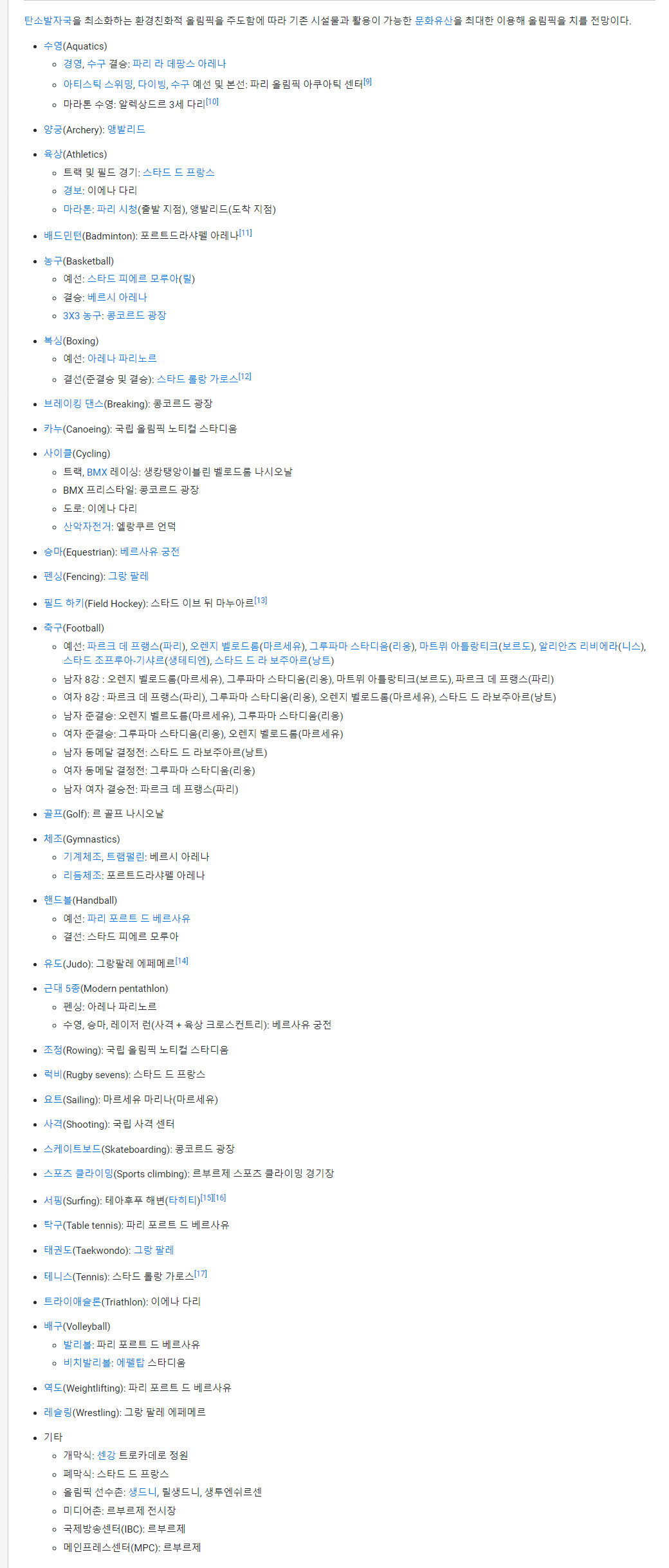 2024 파리 올림픽 기간 종목