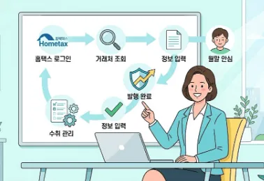 전자세금계산서 발행: 비즈니스 전문가가 벽에 걸린 원형 흐름도를 가리키며 웃고 있다. 흐름도에는 &amp;#39;홈택스 로그인&amp;#39;&amp;#44; &amp;#39;거래처 조회&amp;#39;&amp;#44; &amp;#39;정보 입력&amp;#39;&amp;#44; &amp;#39;발행 완료&amp;#39;&amp;#44; &amp;#39;수취 관리&amp;#39; 단계가 최소한의 텍스트와 아이콘으로 구성되어 매달 반복되는 루틴을 시각화했다. 