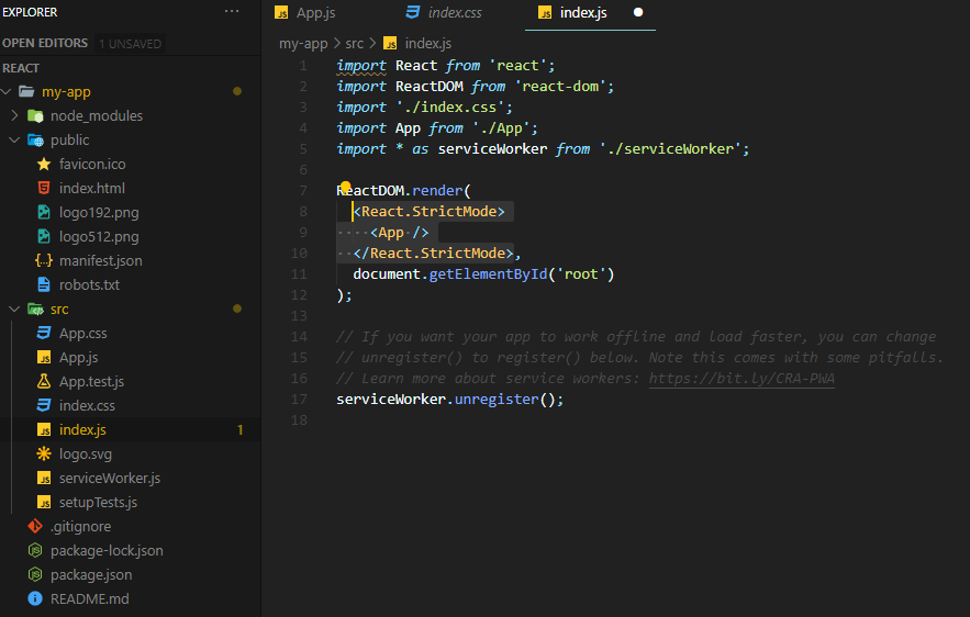 VS Code 리액트 Hello World 출력23