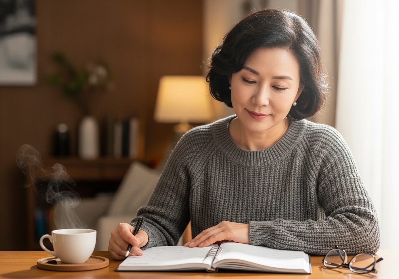 50대 한국인 여성이 달력과 플래너로 일정 계획하는 모습