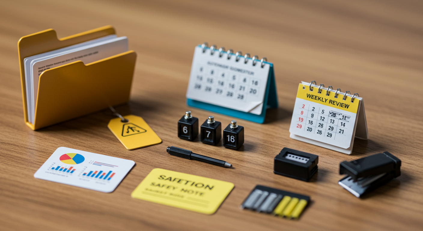 틸트쉬프트 미니어처 소품들로 체크리스트 항목을 상징한 아이콘 느낌 이미지