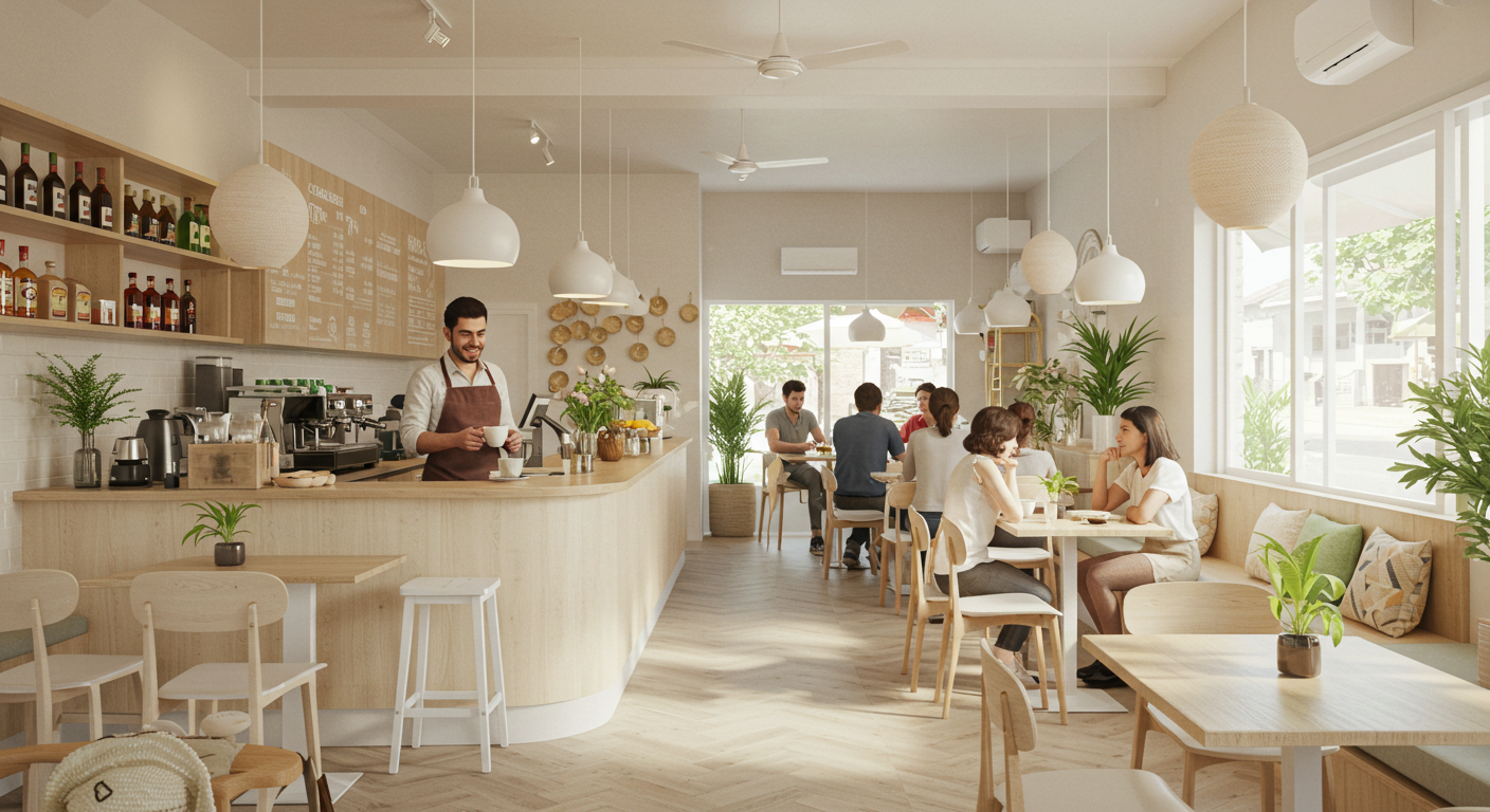 카페 테이블에 앉아있는 사람들 데스크에 앞치마를 맨 남자 사장