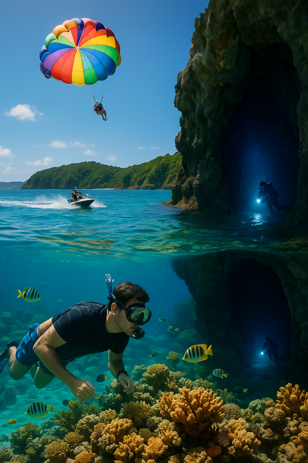 투명한 에메랄드빛 바다 속 산호와 열대어 사이를 스노클러와 다이버가 누비고, 수면 위에서는 제트스키와 무지개빛 패러세일링이 어우러진 오키나와의 해양 액티비티 풍경