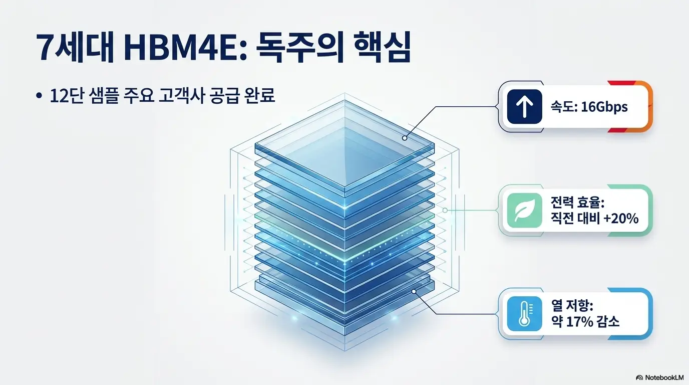 SK하이닉스 주가 전망: SK하이닉스 7세대 HBM4E 신제품의 핵심 사양을 정리한 이미지. 12단 샘플 주요 고객사 공급 완료, 속도 16Gbps, 전력 효율 직전 대비 20% 향상, 열 저항 약 17% 감소를 시각적으로 전달하며, 블로그 본문의 HBM4E 사업 구조 내용을 설명함.