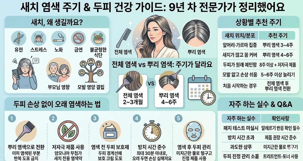 새치 염색 주기, 얼마가 적당할까요? 두피 손상 없이 오래 염색하는 법'이라는 문구가 강조된 썸네일. 중앙에는 미소 짓는 여성 일러스트가 있고, 주변에 빗, 염색용 붓, 두피 단면도, 달력과 시계 아이콘이 배치되어 있습니다. 부드러운 베이지 톤의 배경으로 전문적이면서도 따뜻한 느낌을 주는 디자인입니다.