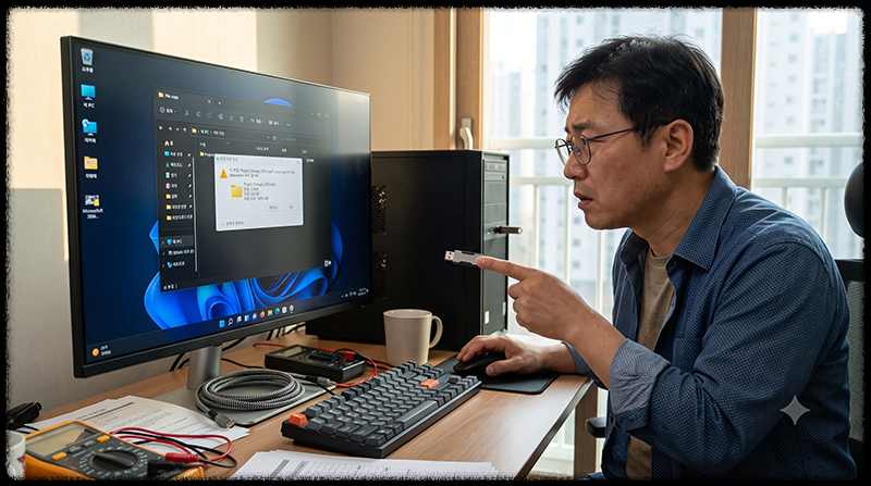 FAT32 USB에 4GB 이상 대용량 파일이 복사되지 않는 문제를 확인하는 모습