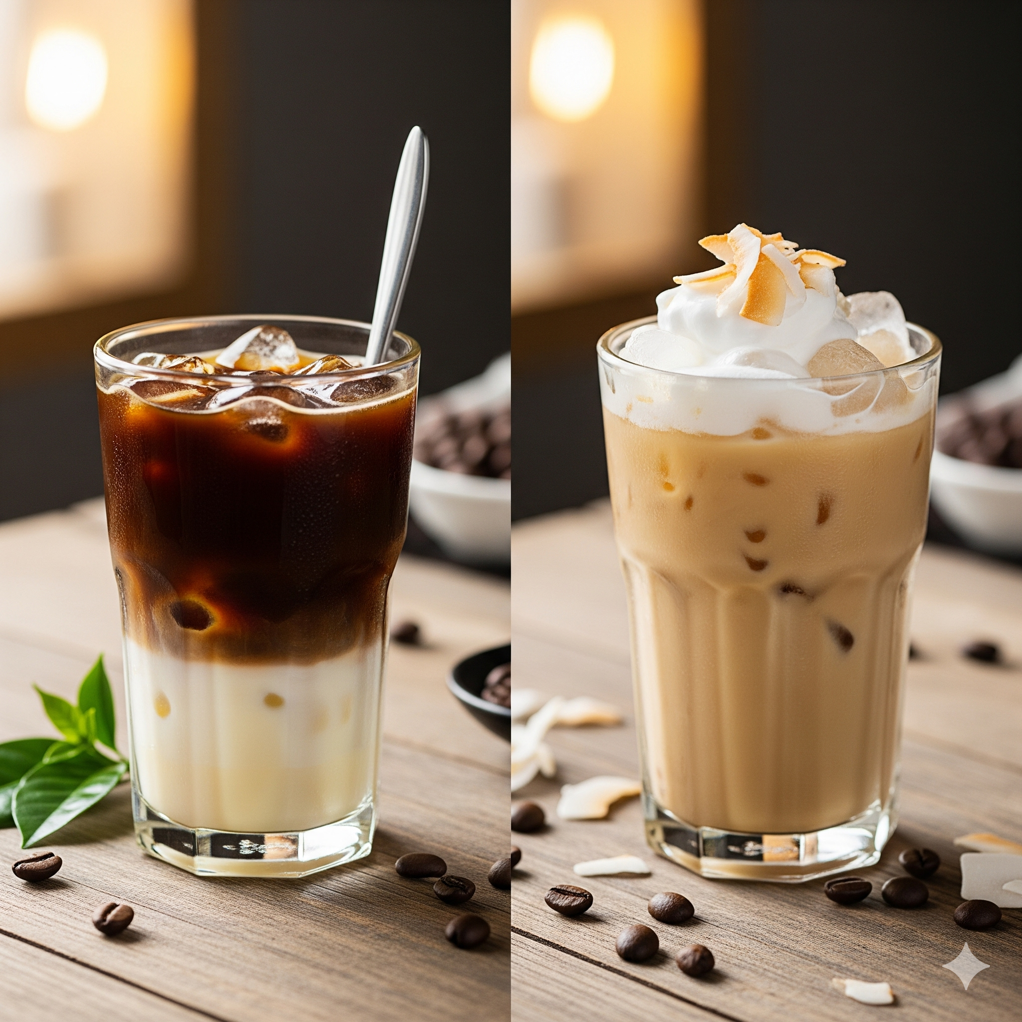 맛있는 연유 커피와 코코넛 커피 이미지를 만들었어요.(이미지 생성:google)