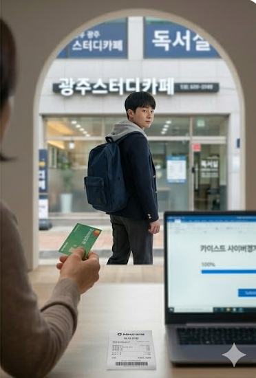 꿈드리미카드를 들고 스터디카페로 향하는 사춘기 아들의 뒷모습