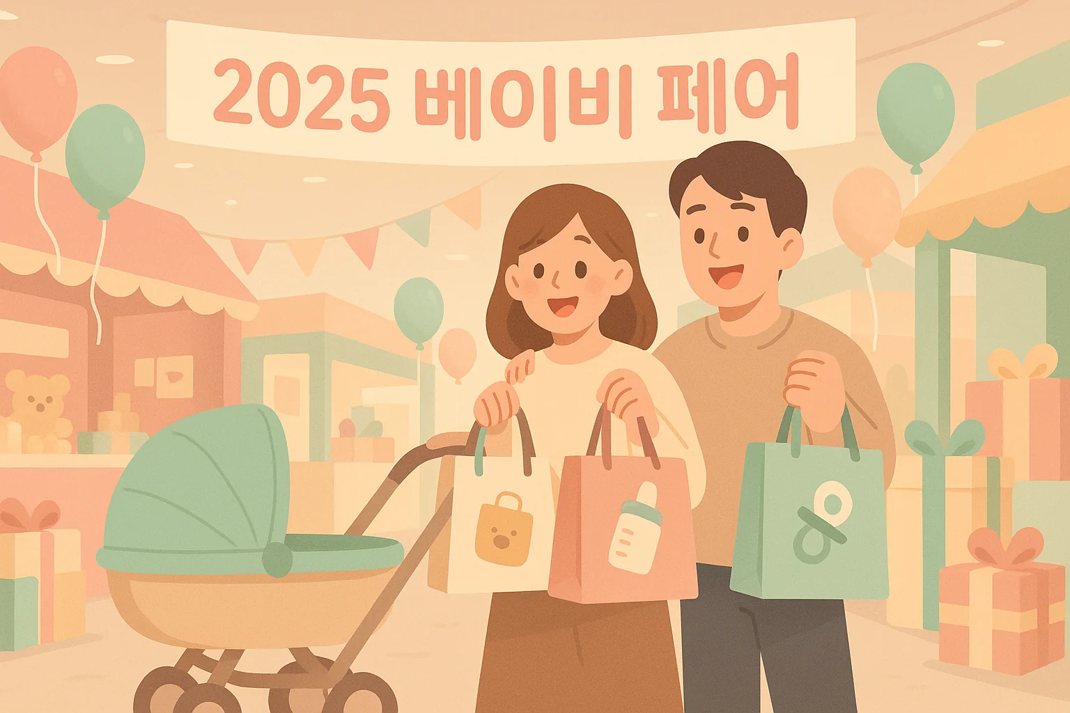 2025 코엑스 코베 베이비페어 &ndash; 유모차를 끄는 젊은 부부와 전시 부스