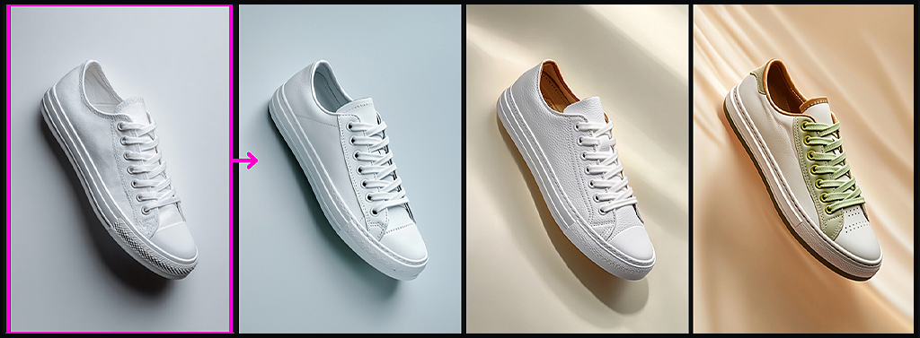 Midjourney Retexture, 흰색 스니커즈를 광택 있는 가죽 소재로 변환한 예시_Midjourney