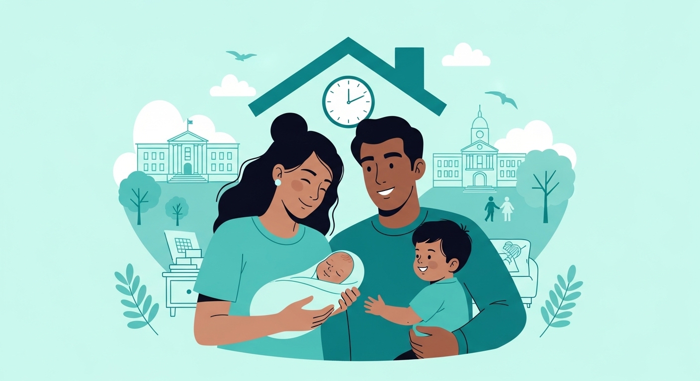 행복한 신생아 가족이 지역 사회의 지원 속에서 편안하게 지내는 모습을 담은 일러스트.