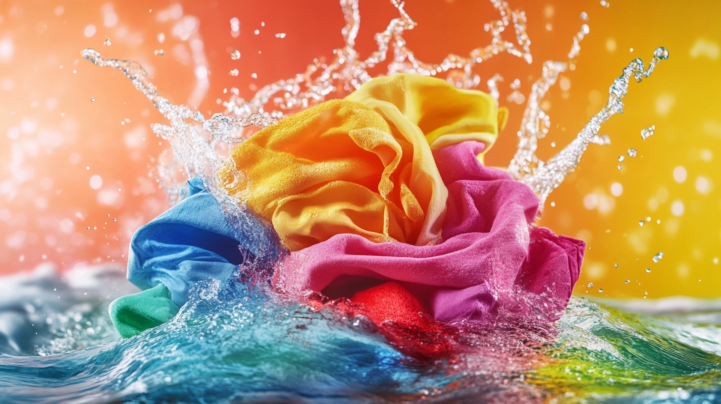 강력한 세탁 성능을 상징하는 옷들이 물 속에서 회전하며 역동적인 움직임과 물보라 효과로 생동감 넘치는 장면을 연출합니다.
