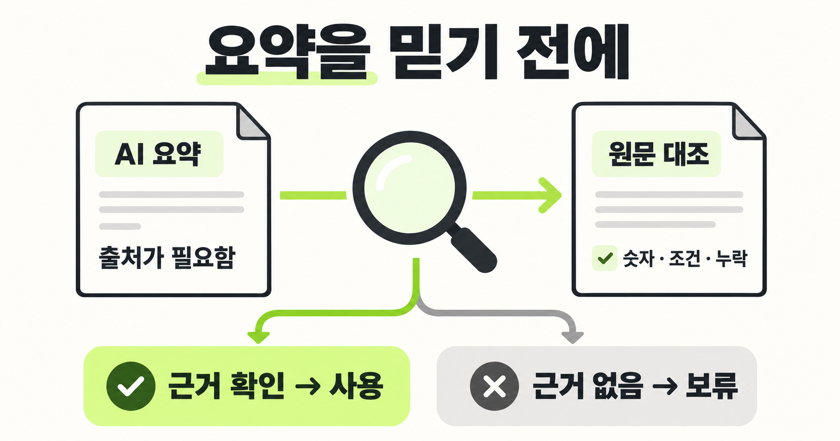 AI 요약을 원문 숫자&middot;조건&middot;누락과 대조하고 근거가 확인된 내용은 사용하며 근거가 없는 내용은 보류하는 개념도