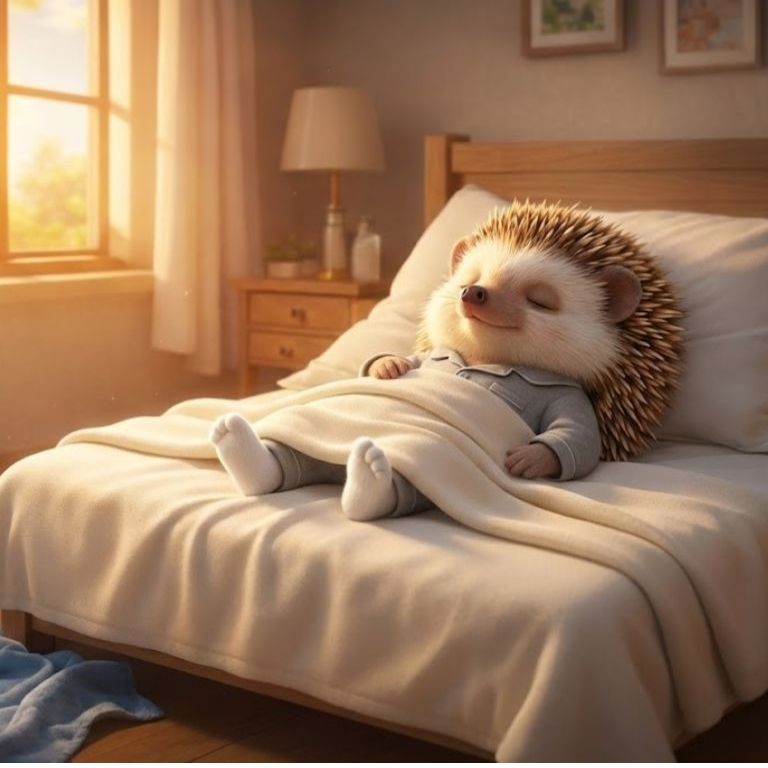 잠을 잘때 더우면 찌릿함이 커져서 발을 이불 밖으로 배서 자고 있는 도치씨의 모습