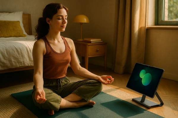 레노버 요가 탭 플러스 AI가 요가 매트 옆에서 명상 앱을 실행 중인 모습, 햇살 가득한 회복 중심 라이프스타일 장면
