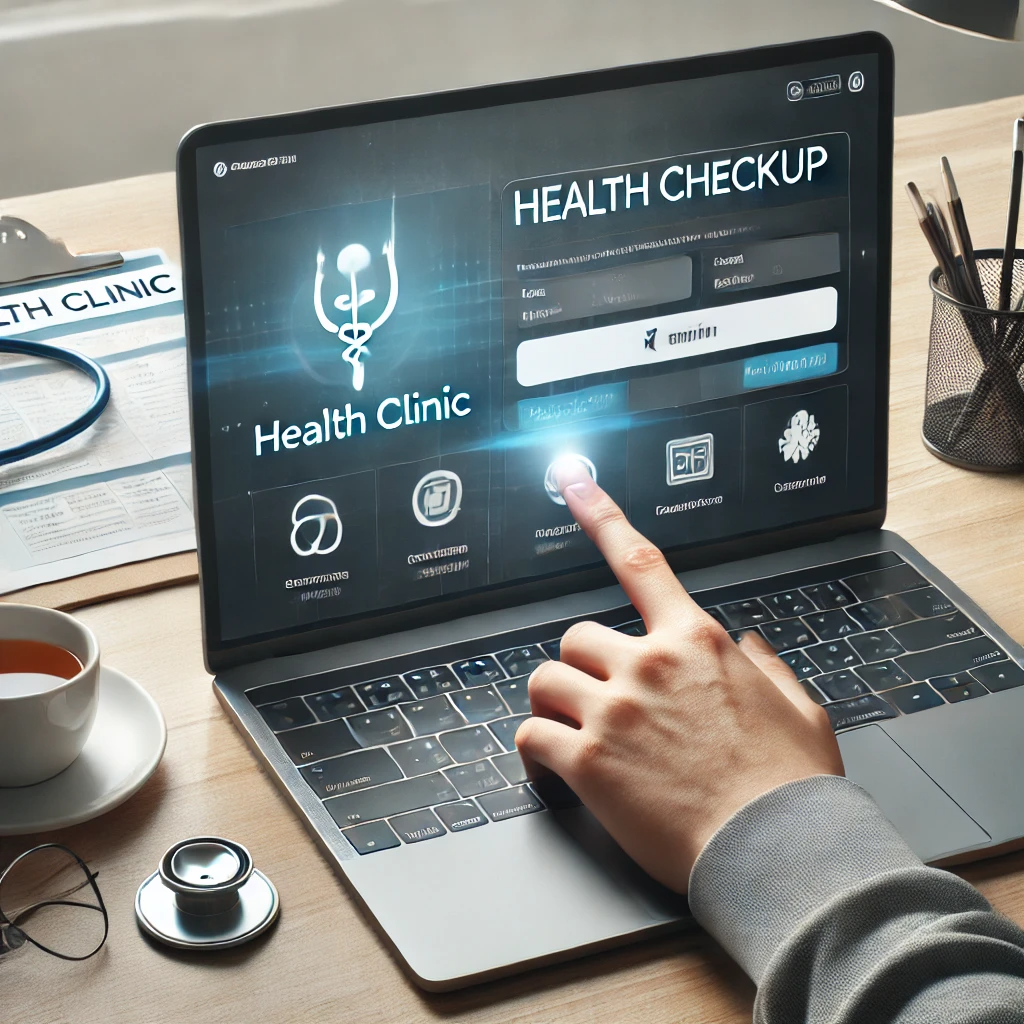 건강검진 예약을 위해 온라인으로 병원 예약을 진행하는 장면. 화면에는 건강검진 예약 버튼이 보이고, 손이 클릭하고 있는 모습이 묘사되어 있습니다. 책상 위에는 청진기와 차가 놓여 있어 차분하고 전문적인 분위기를 자아냅니다.