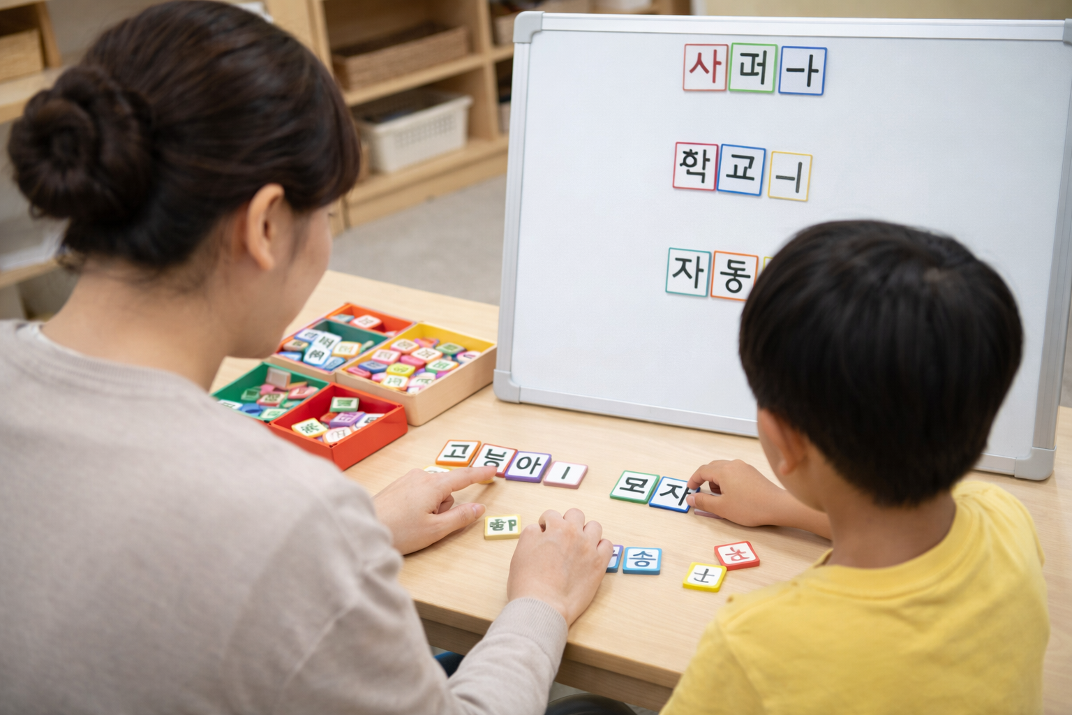 선생님과 학생이 한글 공부하는 모습