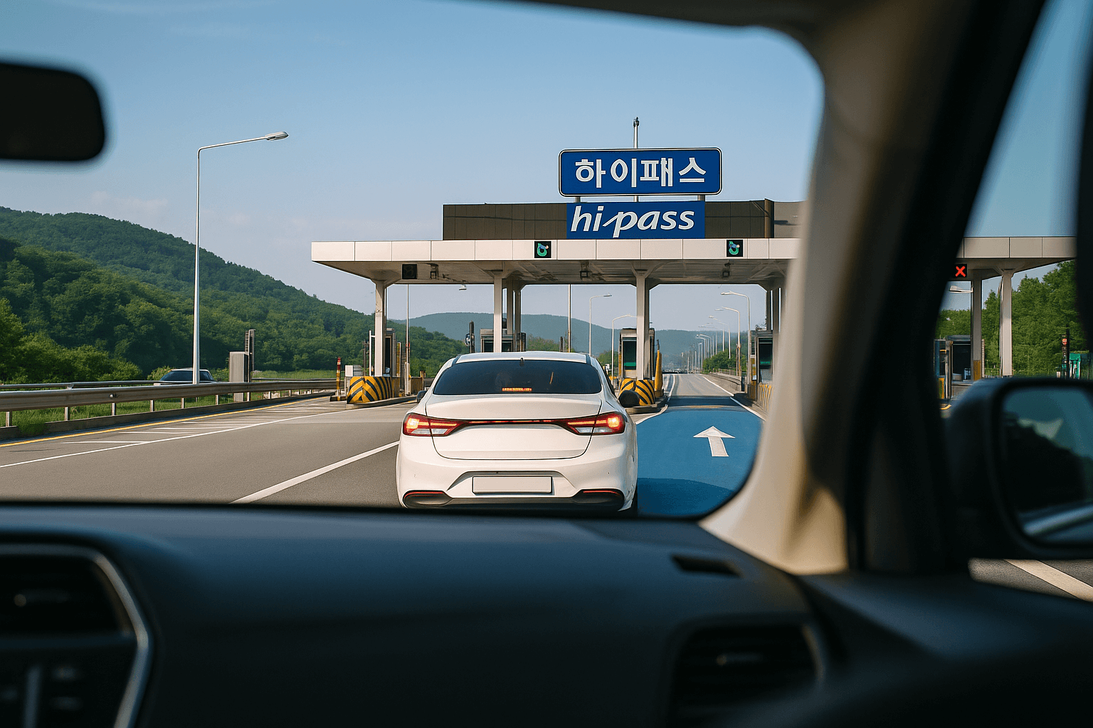 고속도로 하이패스 전용 톨게이트로 진입하는 차량을 보조석 시점에서 본 모습, 파란색 전용차로 안내 표지와 톨게이트 진입선이 선명하게 보임