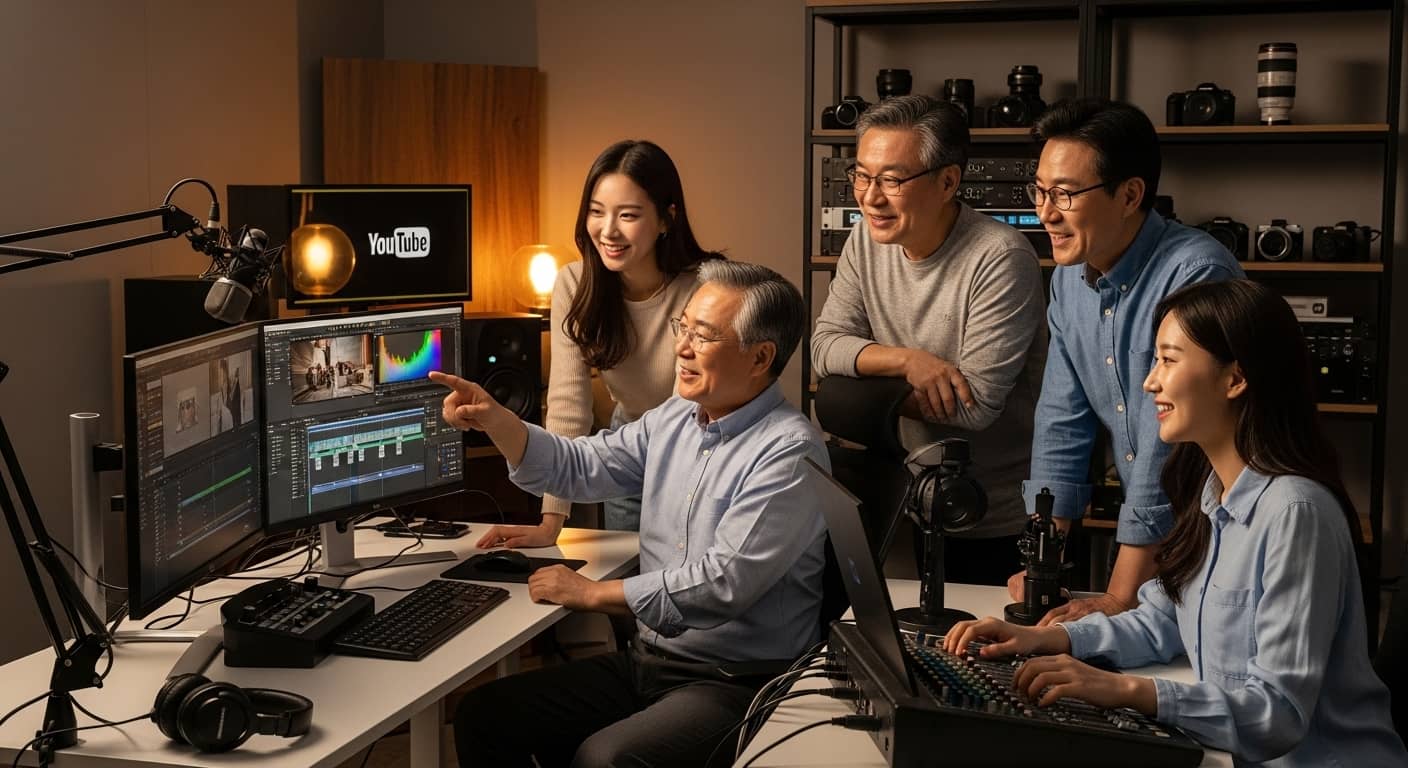 유튜브 영상을 편집하며 협업 중인 시니어 크리에이터와 젊은 크루들의 모습. 세대가 함께 참여하는 크리에이티브 콘텐츠 제작 현장을 보여주며, 경험과 기술이 조화를 이루는 시니어 크리에이터의 협업 문화를 표현함.