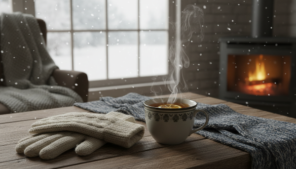 따뜻한 차와 함께 겨울 추위를 녹이는 포근한 방한용품들.
