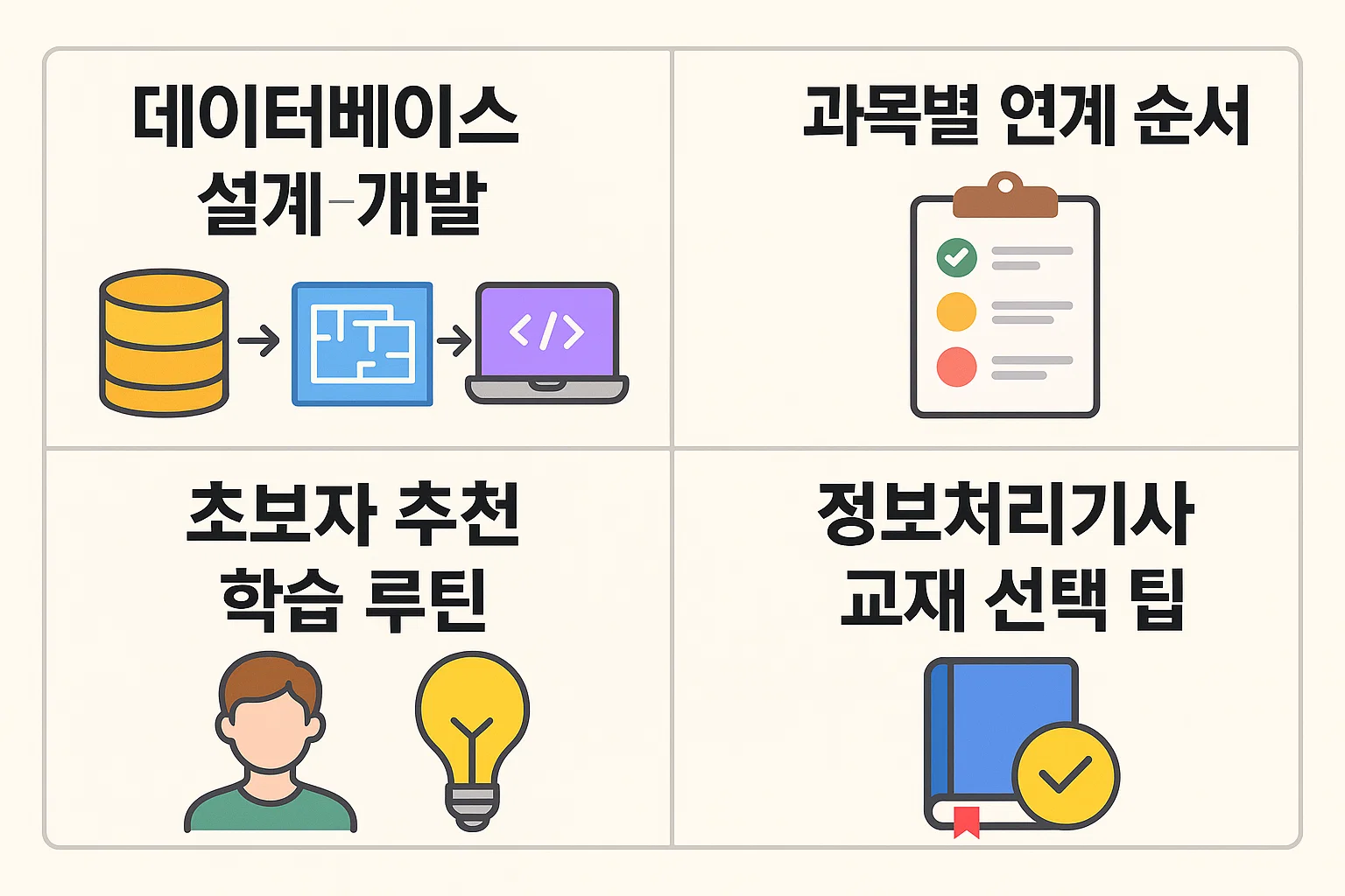 과목별 연계 학습 순서, 초보자용 학습 루틴, 추천 교재 선택 팁을 정리한 인포그래픽