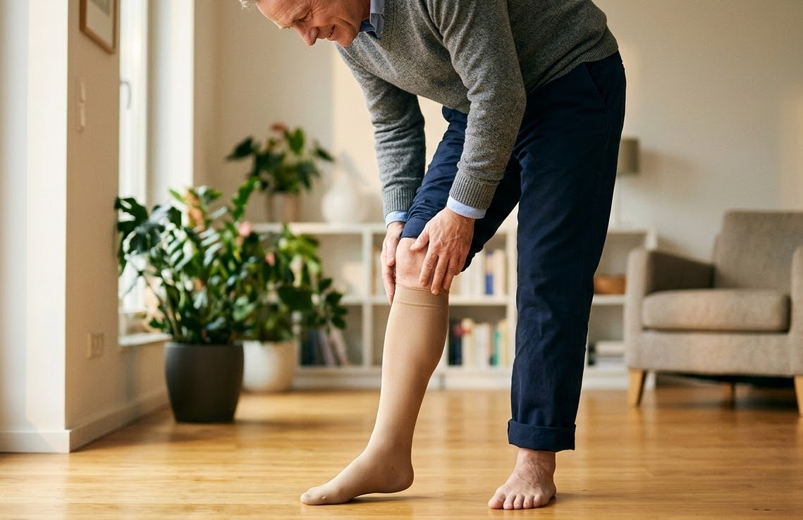 압박 스타킹으로 하지 정맥류를 관리하고 있는 남성