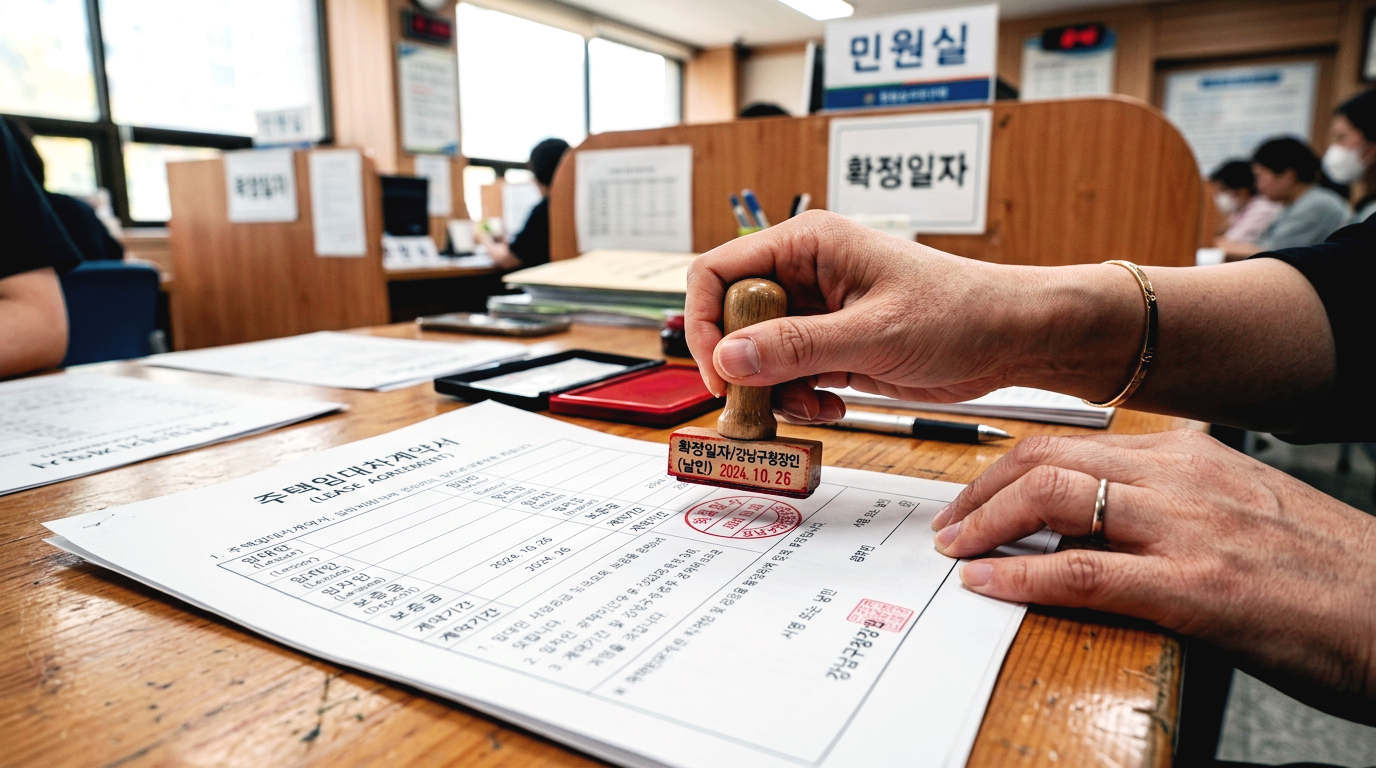 주민센터에서 전세 계약서에 확정일자 도장을 찍는 장면
