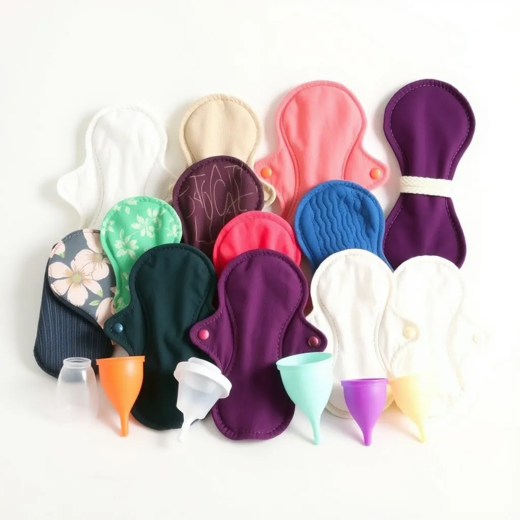 다양한 종류의 친환경적이고 안전한 생리대 대안(예: 재사용 가능한 면 생리대, 생리컵 등)이 깔끔하게 정돈되어 있는 모습. 깨끗하고 밝은 배경으로 신뢰감을 줍니다.