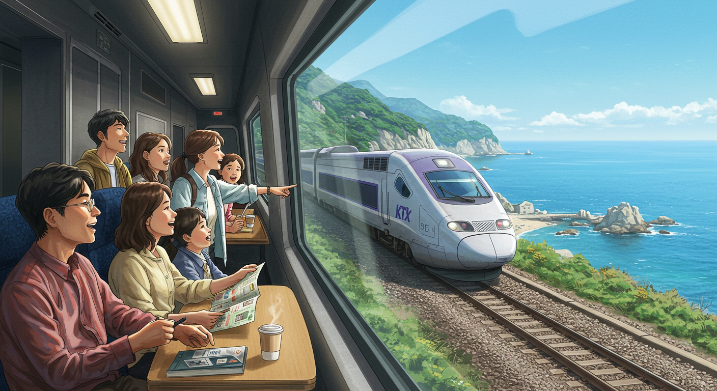 KTX 열차 안에서 창밖으로 펼쳐지는 강원도 동해 바다 풍경을 감상하는 한국인 여행객들.