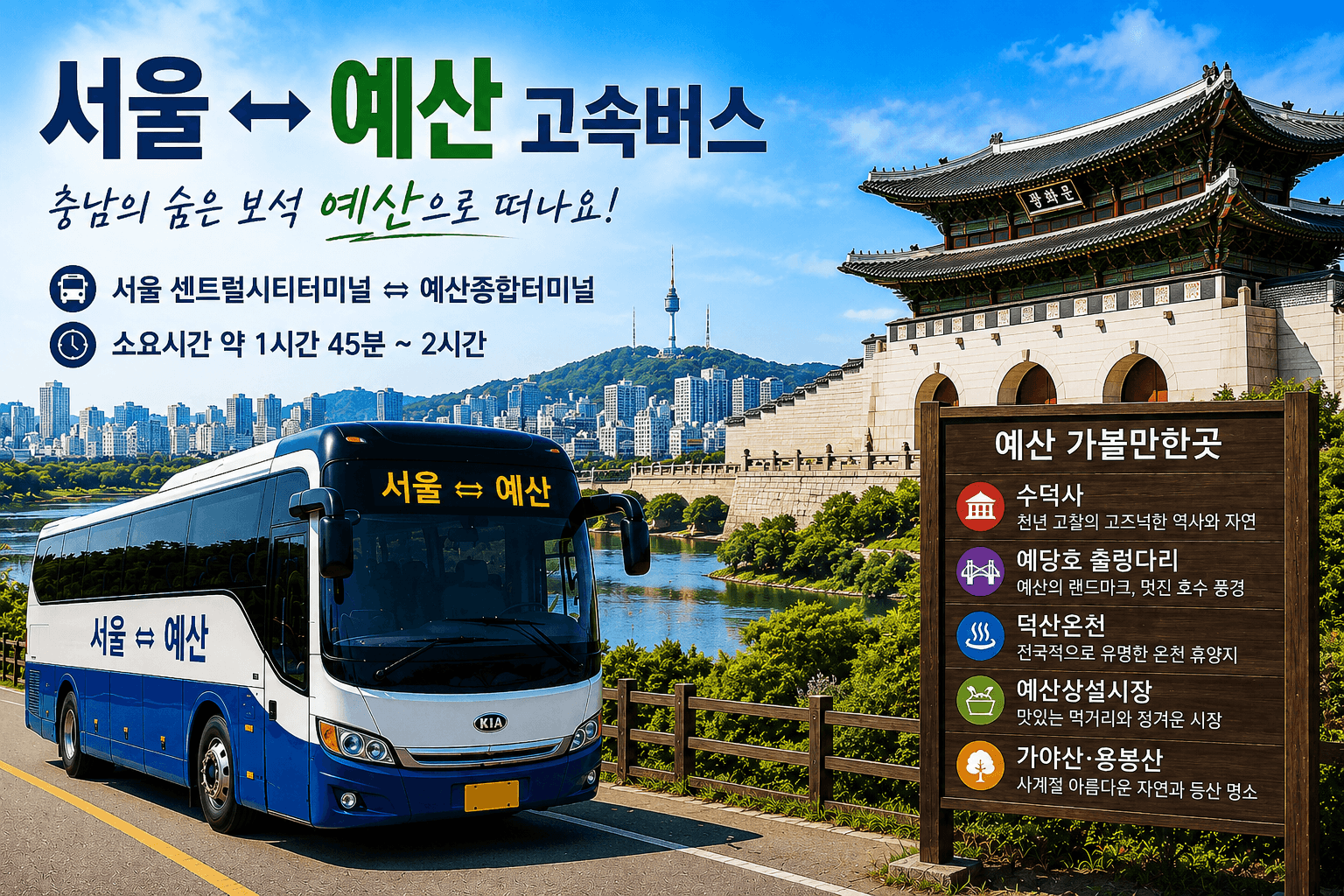 서울과 예산을 오가는 버스와 예산 관광지