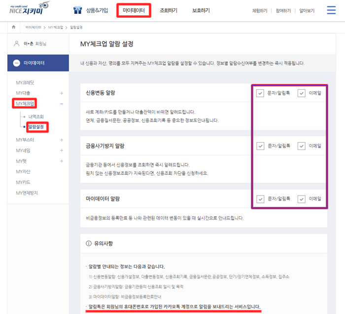 NICE지키미 사이트내 상단메뉴의 '마이데이터' 를 클릭하여 'MY체크업' 알람설정