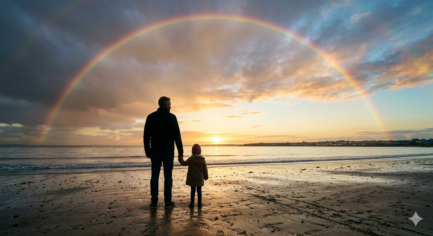 폭풍우가 지나간 뒤 무지개 뜬 수평선을 바라보며, 아이의 손을 잡고 든든하게 서 있는 아빠의 희망찬 뒷모습