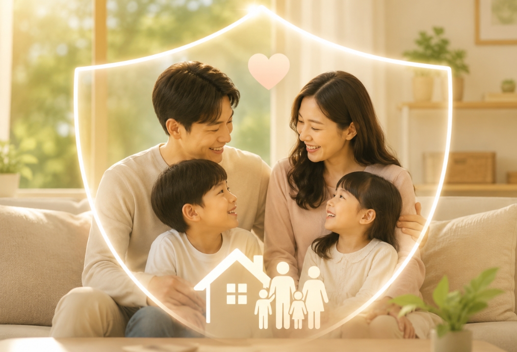 보험 계약자, 피보험자, 수익자 용어 정리를 위한 다정한 4인 가족 모습의 이미지
