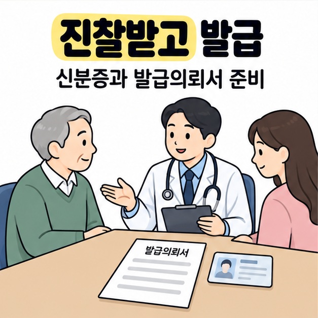 진찰받고 발급과 신분증과 발급의뢰서 준비라는 문구 아래 어르신과 보호자가 의료진과 상담하며 책상 위에는 발급의뢰서와 신분증이 놓여 있다.