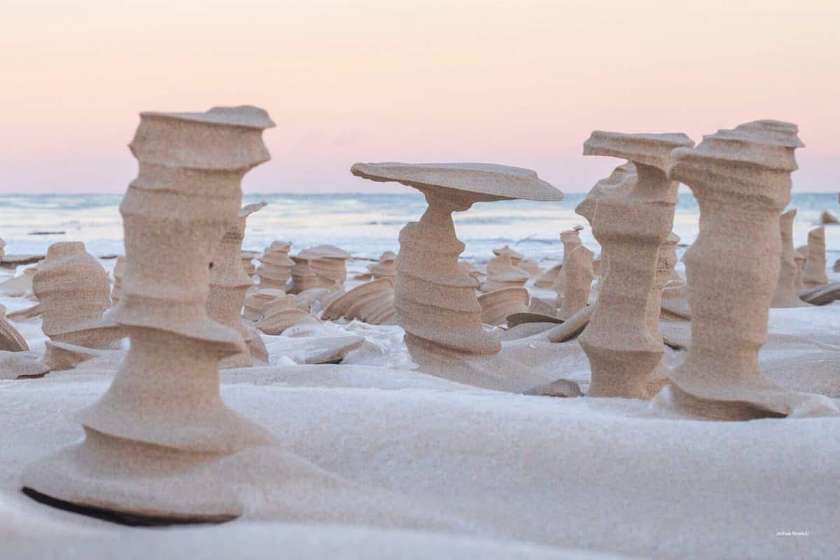 자연이 만들어낸 신비의 모래 층 Powerful Winds Carve Surreal Sand Sculptures Across a Frozen Beach