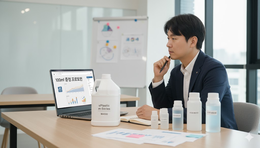 삼양플라스틱의 M4000과 A100 용기를 활용하여 '+100ml 증정 프로모션' 전략을 구상하는 마케팅 담당자. 효율적인 마케팅 아이디어 모색