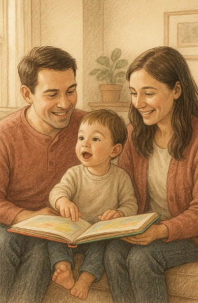 세 돌 아기가 부모와 함께 책을 읽으며 단어를 따라 말하는 모습