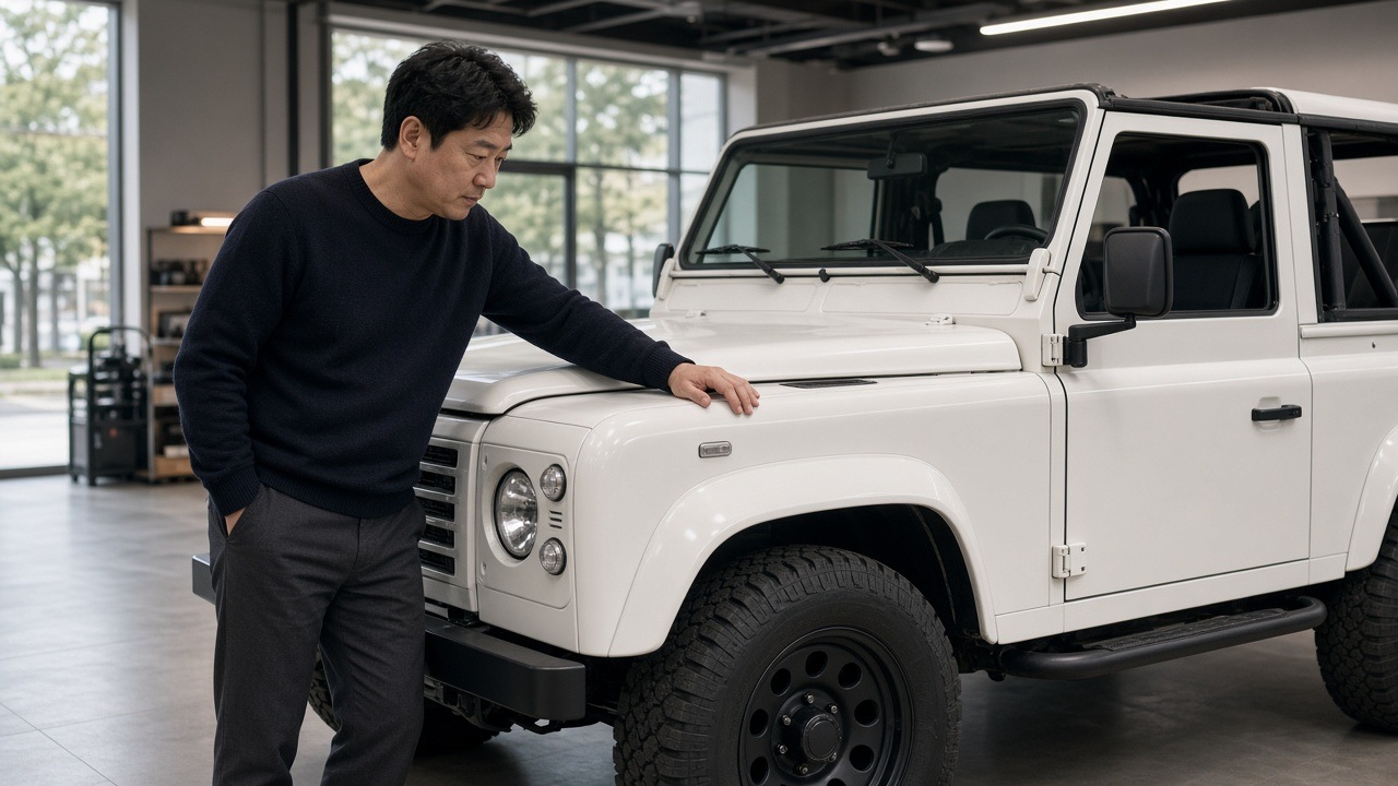 흰색 오프로드 SUV 옆에서 한정판 사양을 살펴보는 40대 한국인 남성