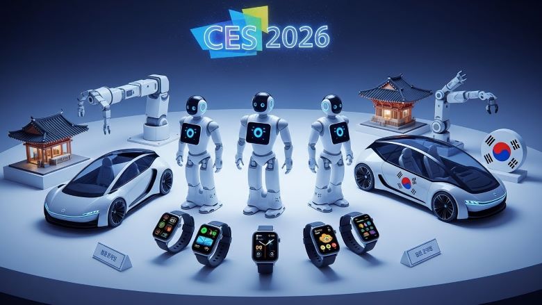 CES 2026 전시회에 전시된 한국의 첨단 기술 제품들 - 휴머노이드 로봇, 자율주행 전기차, 스마트워치, 로봇 팔, 한국 전통 건축물이 미래적인 배경에 배치되어 있고 태극기가 보이는 장면