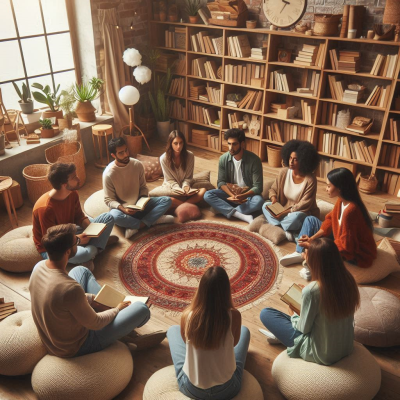 책과 쿠션이 놓인 공간에서 사람들이 편안하게 모여 있는 모습.