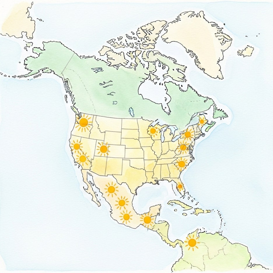 북미 대륙 위에 태양 에너지가 퍼져나가는 상징적 이미지