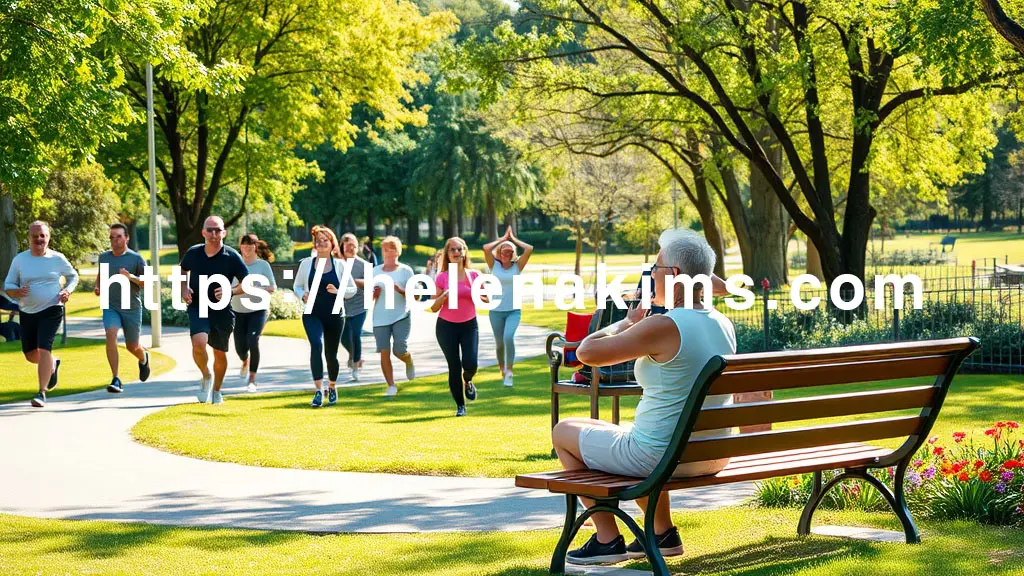 밝고 평화로운 공원에서 다양한 연령대의 사람들이 활기차게 조깅하거나 야외 요가를 하는 모습.